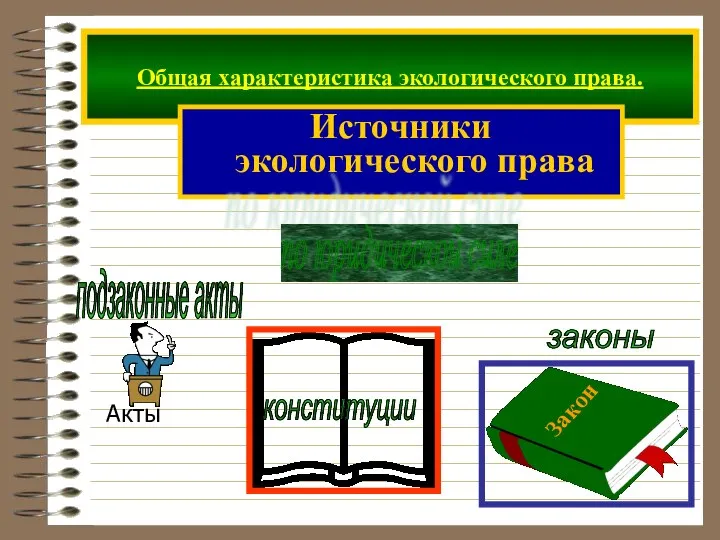 Общая характеристика экологического права. Источники экологического права подзаконные акты законы по юридической силе конституции