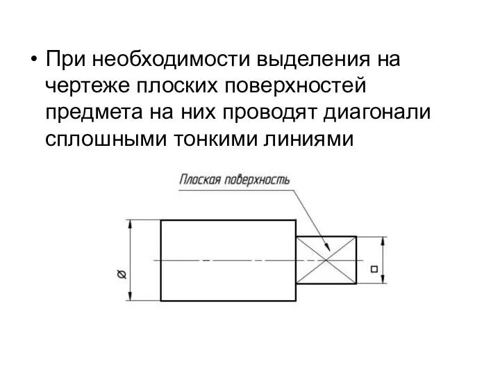 При необходимости выделения на чертеже плоских поверхностей предмета на них проводят диагонали сплошными тонкими линиями