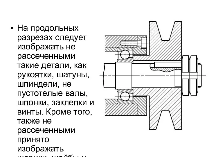 На продольных разрезах следует изображать не рассеченными такие детали, как рукоятки, шатуны,