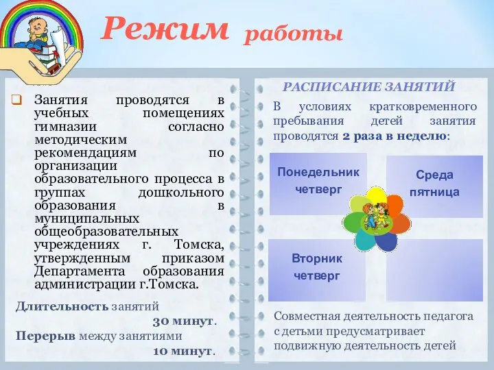 Режим работы Занятия проводятся в учебных помещениях гимназии согласно методическим рекомендациям по