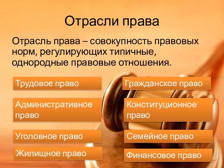 Отрасли права Отрасль права – совокупность правовых норм, регулирующих типичные, однородные правовые