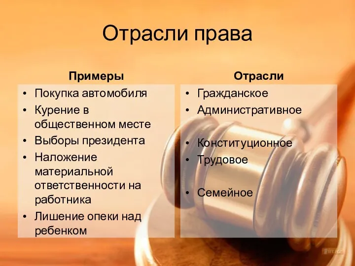 Отрасли права Примеры Покупка автомобиля Курение в общественном месте Выборы президента Наложение