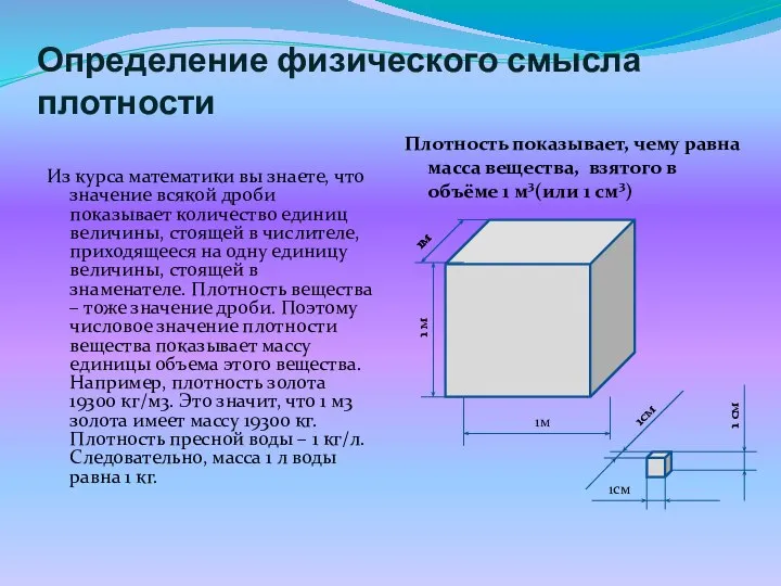 Определение физического смысла плотности Из курса математики вы знаете, что значение всякой