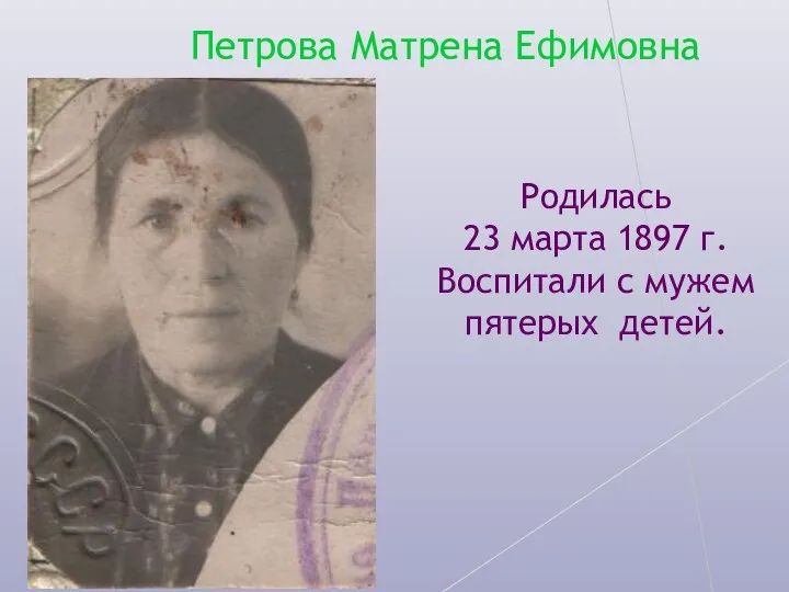 Петрова Матрена Ефимовна Родилась 23 марта 1897 г. Воспитали с мужем пятерых детей.