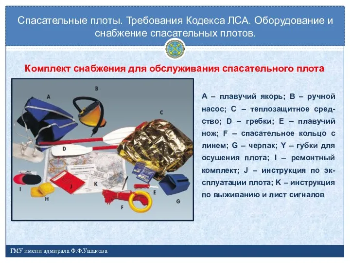 Комплект снабжения для обслуживания спасательного плота Спасательные плоты. Требования Кодекса ЛСА. Оборудование