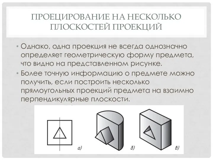 ПРОЕЦИРОВАНИЕ НА НЕСКОЛЬКО ПЛОСКОСТЕЙ ПРОЕКЦИЙ Однако, одна проекция не всегда однозначно определяет