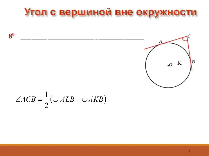 80 Угол, с вершиной вне окружности, стороны которого лежат на касательных к