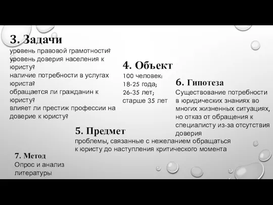 3. Задачи уровень правовой грамотности? уровень доверия населения к юристу? наличие потребности