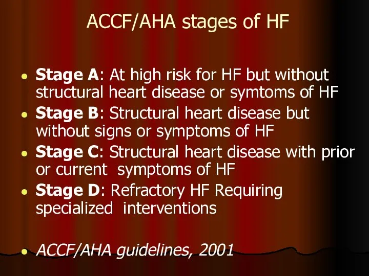 ACCF/AHA stages of HF Stage A: At high risk for HF but