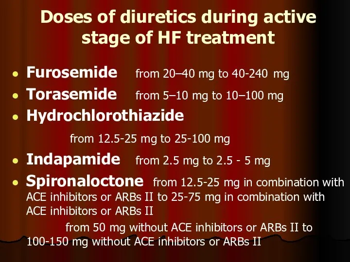 Doses of diuretics during active stage of HF treatment Furosemide from 20–40