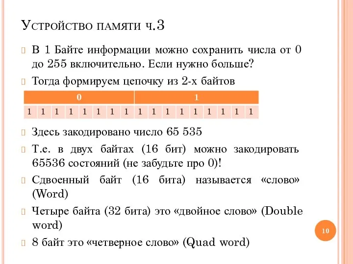 Устройство памяти ч.3 В 1 Байте информации можно сохранить числа от 0