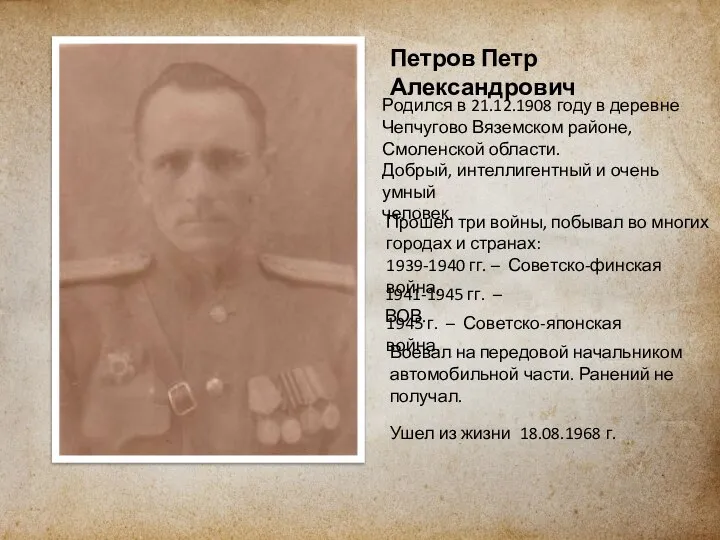 Петров Петр Александрович Родился в 21.12.1908 году в деревне Чепчугово Вяземском районе,