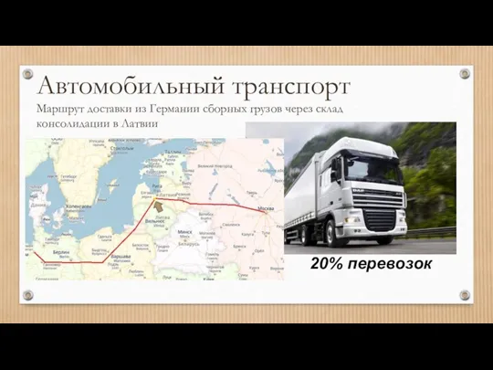 Автомобильный транспорт Маршрут доставки из Германии сборных грузов через склад консолидации в Латвии 20% перевозок