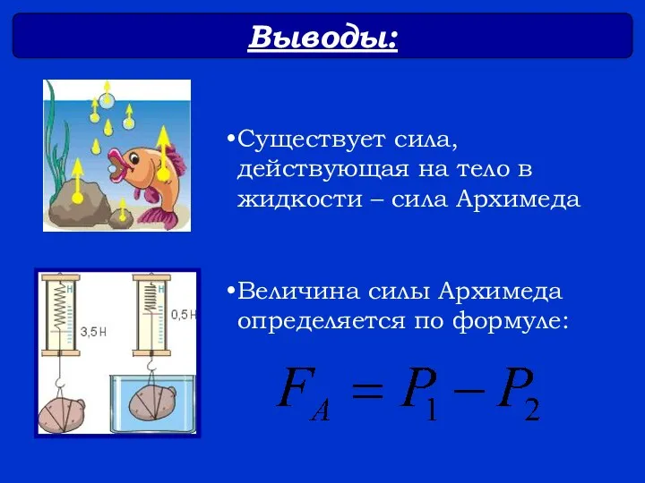 Выводы: Существует сила, действующая на тело в жидкости – сила Архимеда Величина