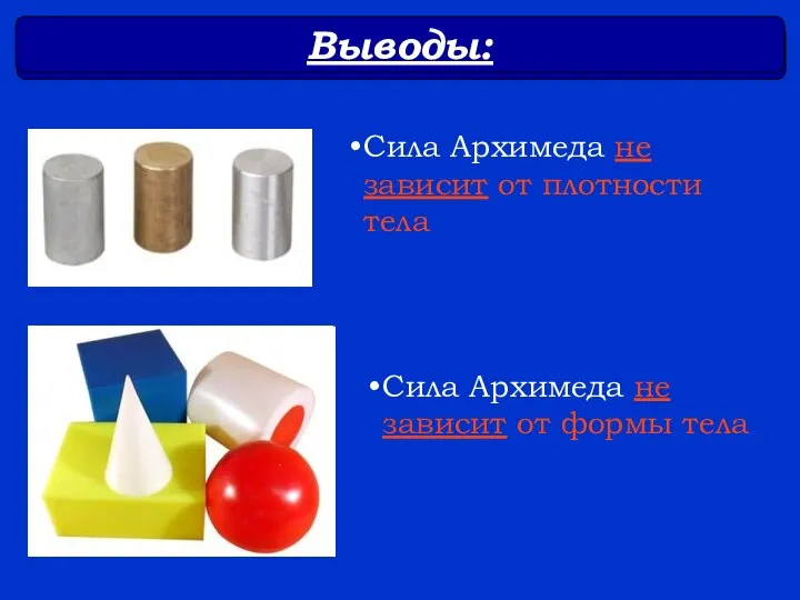 Сила Архимеда не зависит от плотности тела Сила Архимеда не зависит от формы тела Выводы: