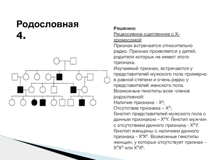 Решение: Рецессивное сцепленное с Х-хромосомой Признак встречается относительно редко. Признак проявляется у