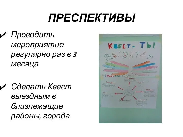 ПРЕСПЕКТИВЫ Проводить мероприятие регулярно раз в 3 месяца Сделать Квест выездным в близлежащие районы, города