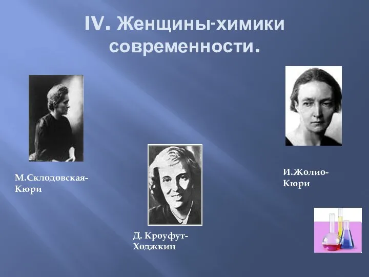 IV. Женщины-химики современности. Д. Кроуфут-Ходжкин И.Жолио-Кюри М.Склодовская-Кюри