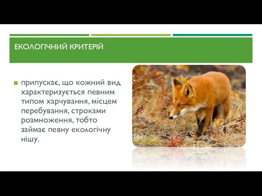 ЕКОЛОГІЧНИЙ КРИТЕРІЙ припускає, що кожний вид характеризується певним типом харчування, місцем перебування,