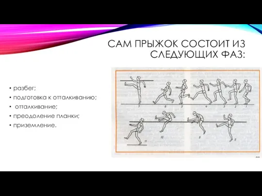 САМ ПРЫЖОК СОСТОИТ ИЗ СЛЕДУЮЩИХ ФАЗ: разбег; подготовка к отталкиванию; отталкивание; преодоление планки; приземление.