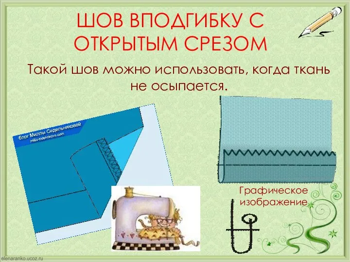 ШОВ ВПОДГИБКУ С ОТКРЫТЫМ СРЕЗОМ Такой шов можно использовать, когда ткань не осыпается. Графическое изображение