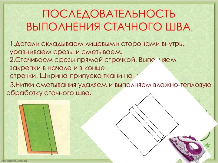 1.Детали складываем лицевыми сторонами внутрь, уравниваем срезы и сметываем. 2.Стачиваем срезы прямой