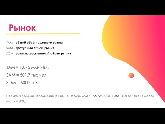 Предпочтительнее использование PUSH-системы. SAM = TAM*2/3*70%, SOM – 500 обложек в месяц