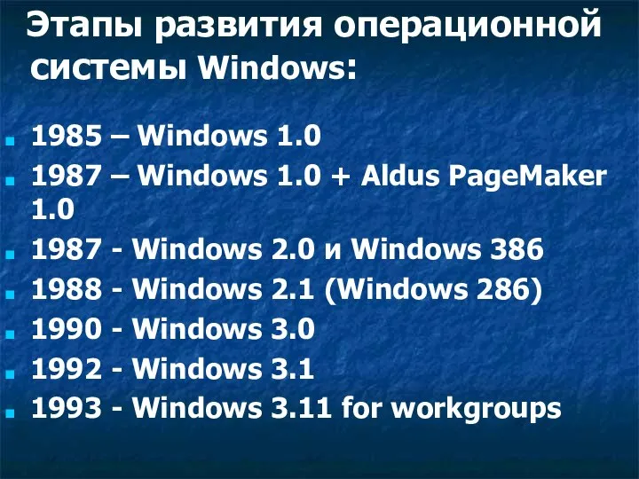 Этапы развития операционной системы Windows: 1985 – Windows 1.0 1987 – Windows
