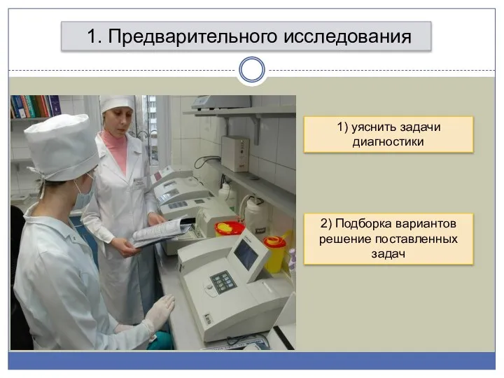 1. Предварительного исследования 1) уяснить задачи диагностики 2) Подборка вариантов решение поставленных задач