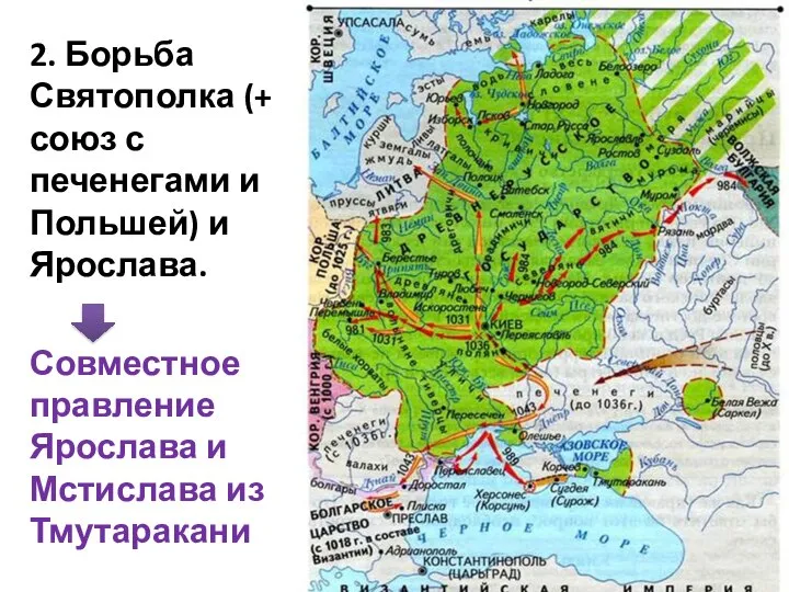 2. Борьба Святополка (+ союз с печенегами и Польшей) и Ярослава. Совместное