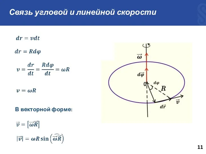 Связь угловой и линейной скорости В векторной форме: 11