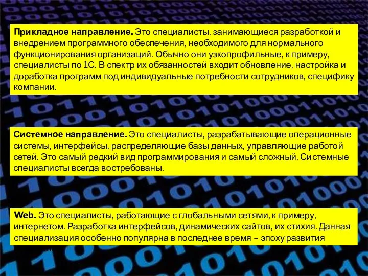 Системное направление. Это специалисты, разрабатывающие операционные системы, интерфейсы, распределяющие базы данных, управляющие