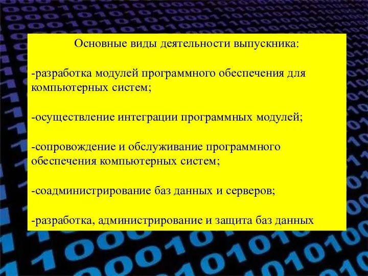 Основные виды деятельности выпускника: -разработка модулей программного обеспечения для компьютерных систем; -осуществление