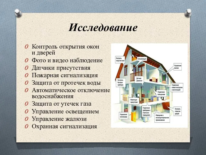 Исследование Контроль открытия окон и дверей Фото и видео наблюдение Датчики присутствия