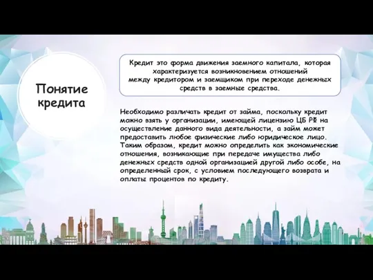 Понятие кредита Необходимо различать кредит от займа, поскольку кредит можно взять у