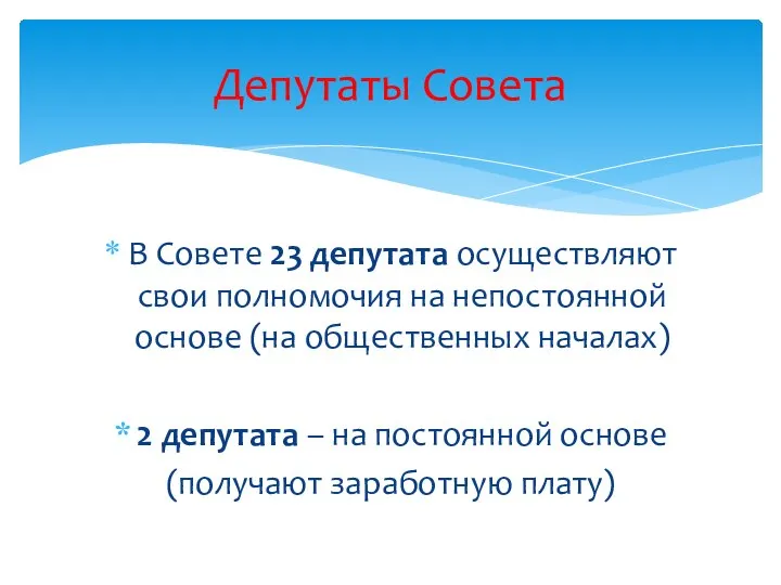 В Совете 23 депутата осуществляют свои полномочия на непостоянной основе (на общественных