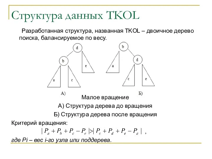 Структура данных TKOL Разработанная структура, названная TKOL – двоичное дерево поиска, балансируемое