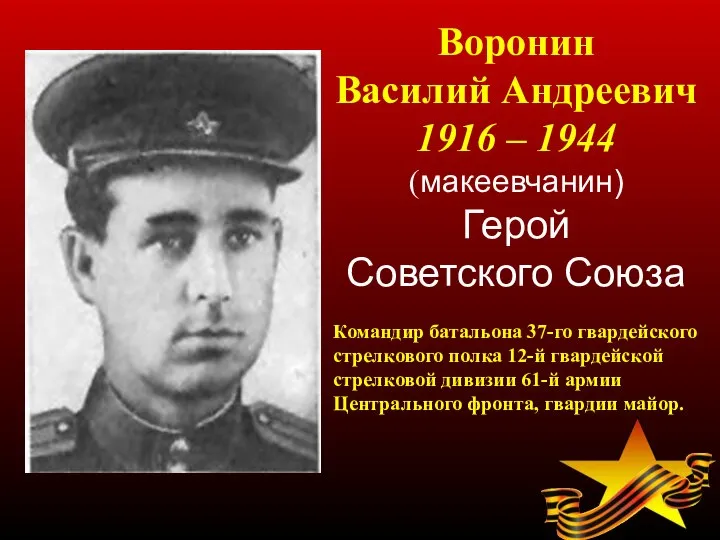 Воронин Василий Андреевич 1916 – 1944 (макеевчанин) Герой Советского Союза Командир батальона