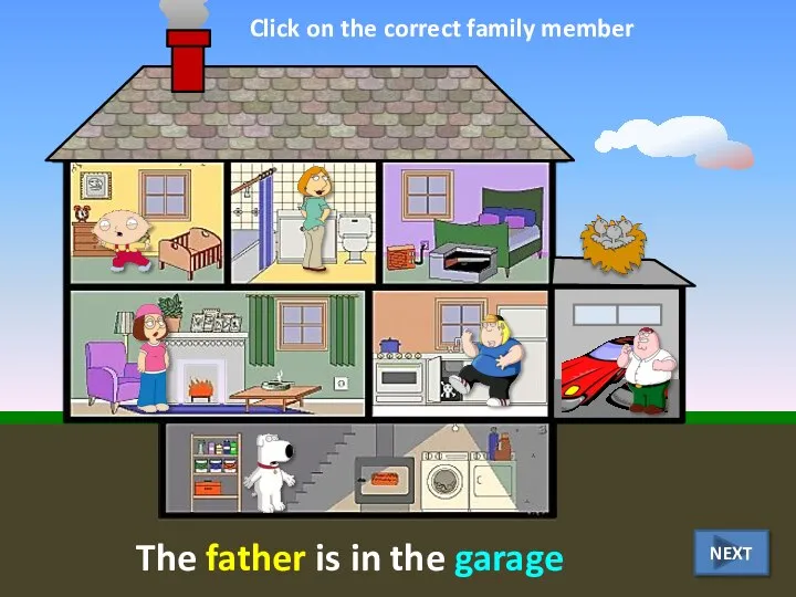 The father is in the garage Click on the correct family member NEXT