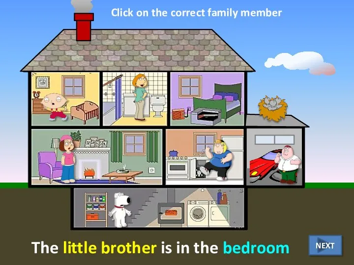 The little brother is in the bedroom Click on the correct family member NEXT