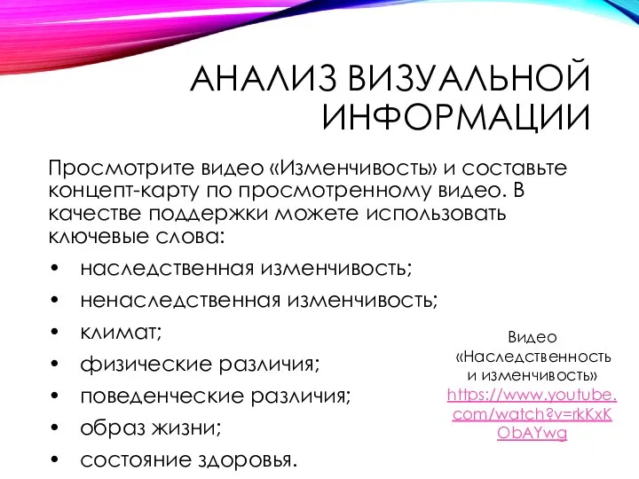 АНАЛИЗ ВИЗУАЛЬНОЙ ИНФОРМАЦИИ Просмотрите видео «Изменчивость» и составьте концепт-карту по просмотренному видео.