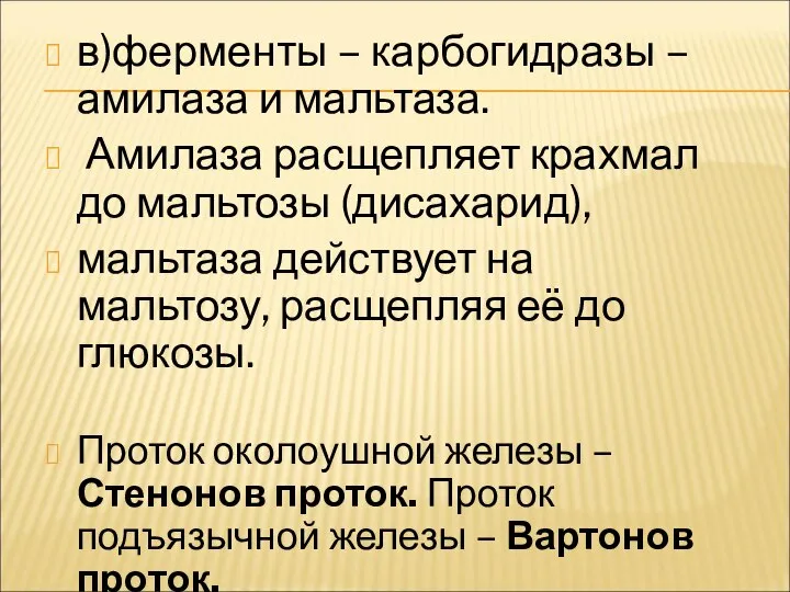 в)ферменты – карбогидразы – амилаза и мальтаза. Амилаза расщепляет крахмал до мальтозы