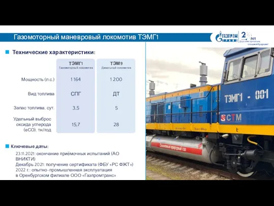 Дорожим прошлым, создаем будущее! Газомоторный маневровый локомотив ТЭМГ1 Технические характеристики: Мощность (л.с.)