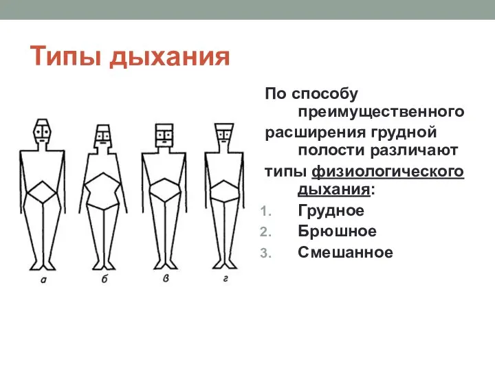 Типы дыхания По способу преимущественного расширения грудной полости различают типы физиологического дыхания: Грудное Брюшное Смешанное