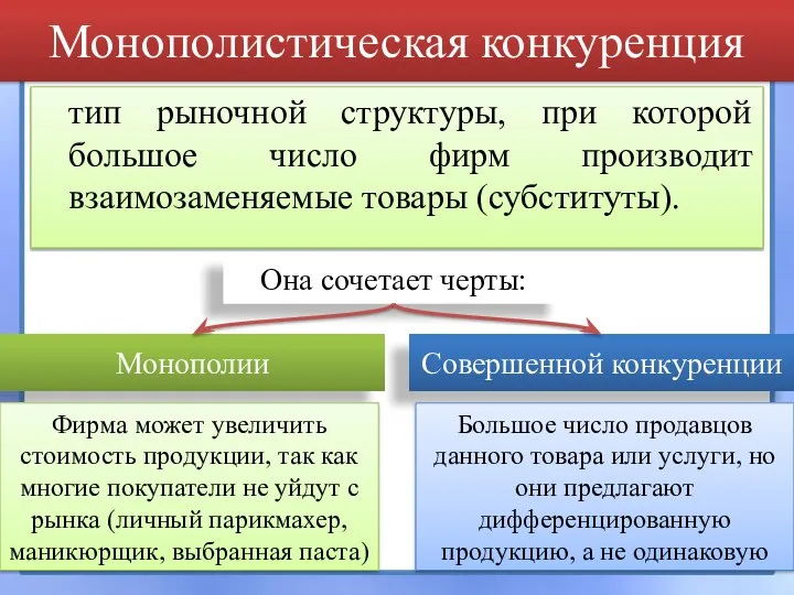 тип рыночной структуры, при которой большое число фирм производит взаимозаменяемые товары (субституты).