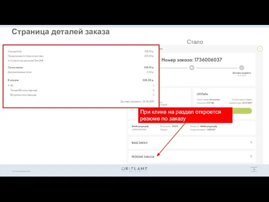 Стало Страница деталей заказа При клике на раздел откроется резюме по заказу