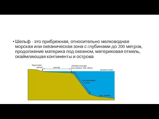 Шельф - это прибрежная, относительно мелководная морская или океаническая зона с глубинами