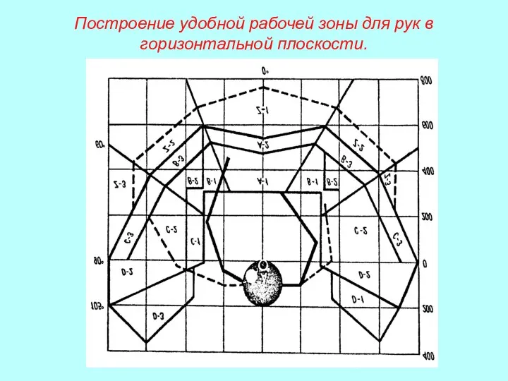 Построение удобной рабочей зоны для рук в горизонтальной плоскости.