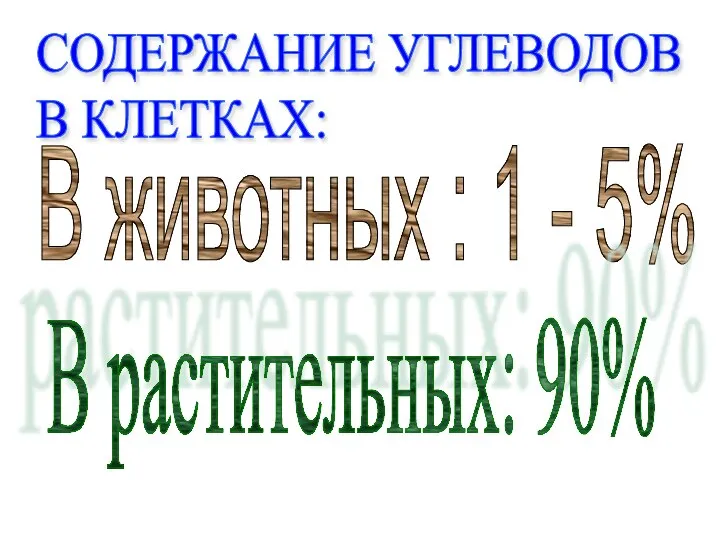 В животных : 1 - 5% В растительных: 90% СОДЕРЖАНИЕ УГЛЕВОДОВ В КЛЕТКАХ: