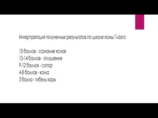 Интерпретация полученных результатов по шкале комы Глазго: 15 баллов - сознание ясное